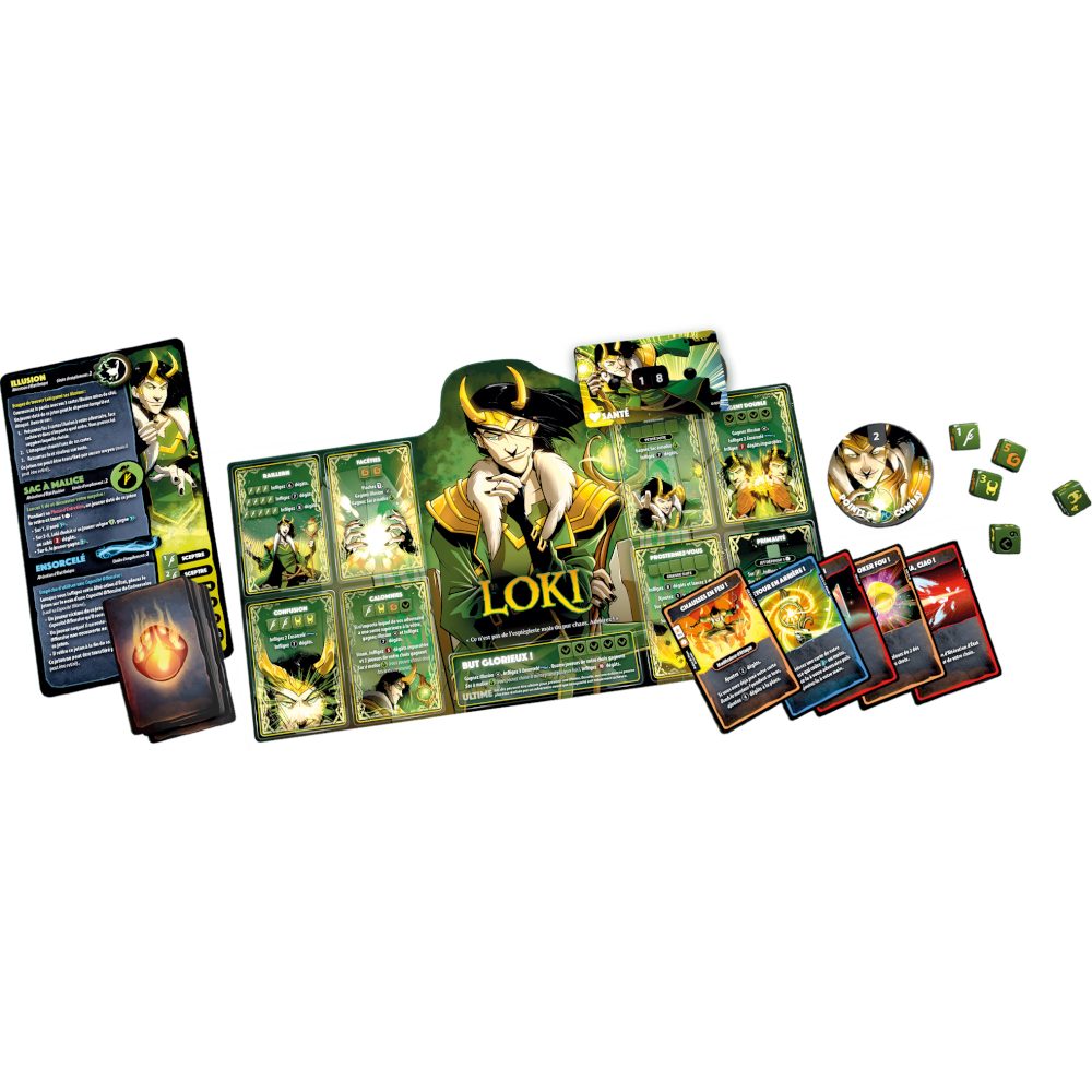 cartes jeu Dice Throne Marvel Thor Loki Spiderman Scarlet Witch