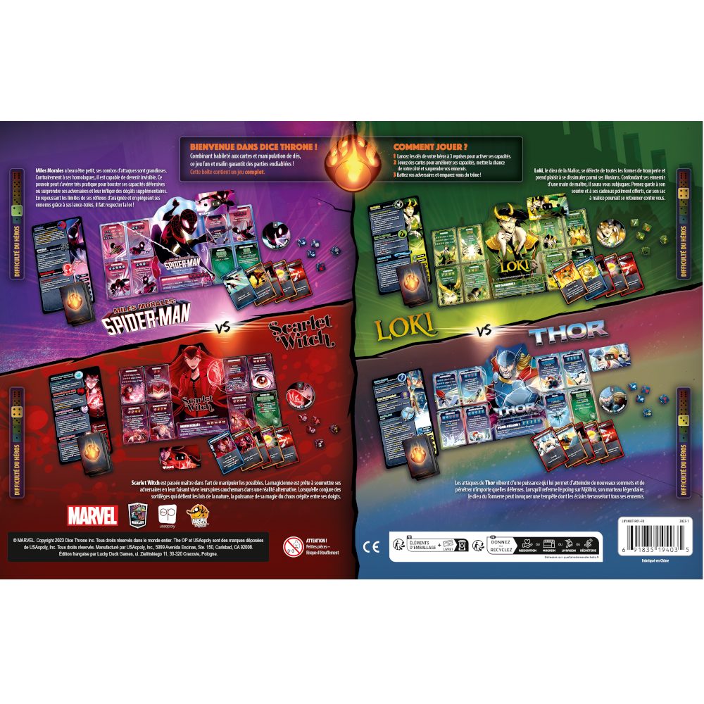 dos boite jeu Dice Throne Marvel Thor Loki Spiderman Scarlet Witch