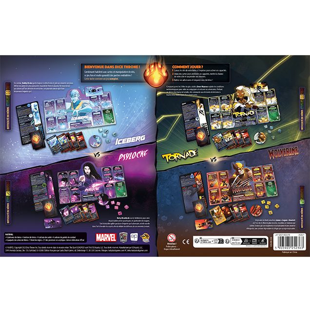 jeu de societe Dice Throne Marvel -Iceberg Psylocke Tornade Wolverine dos boite
